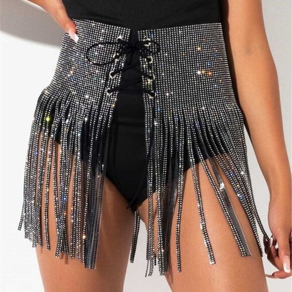 BNWT Lacing Rhinestone Statement Curtain Fringe Belt main image 3